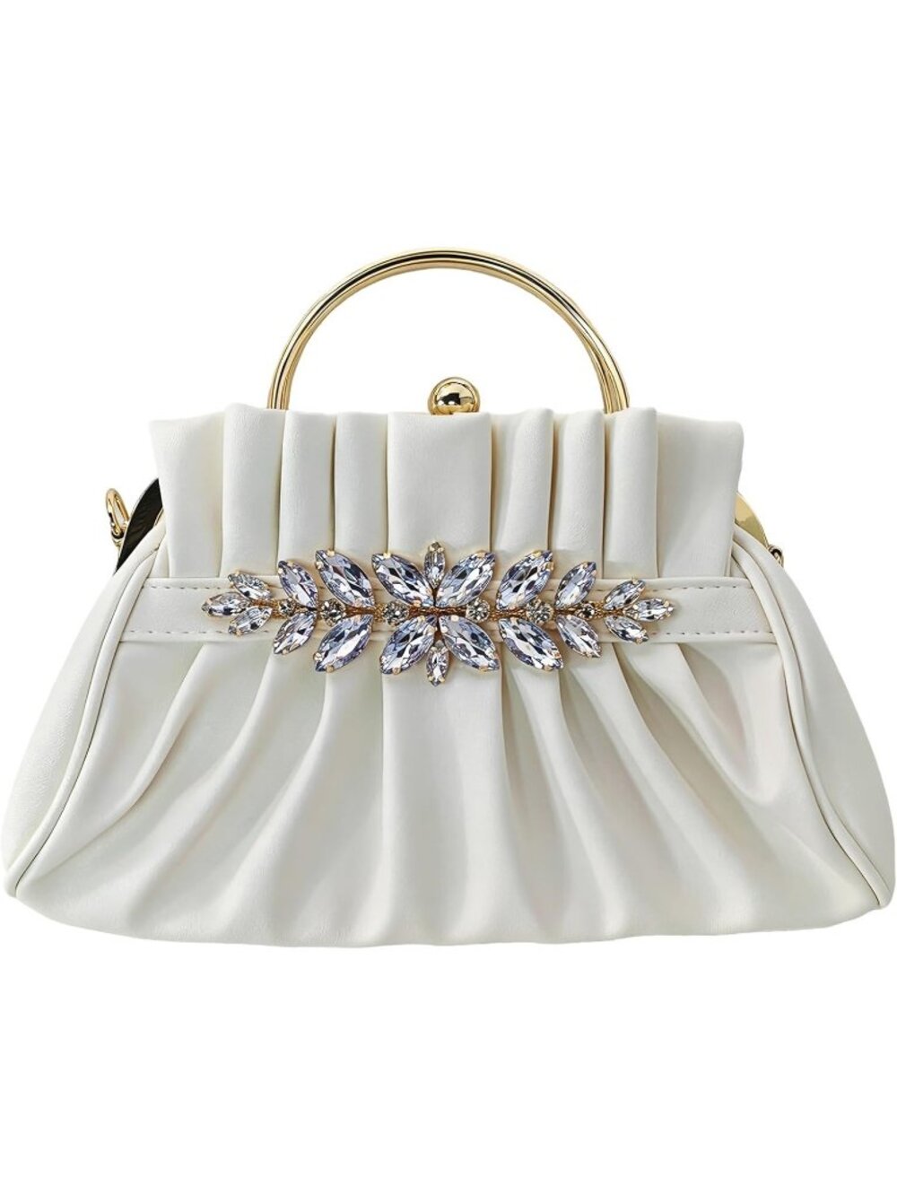 Women's White Elegant Rhinestone Clutch Purse Pleated Evening Party Handbag